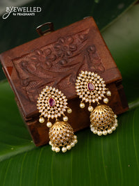 Antique jhumka with pink kemp & cz stone and pearl hangings