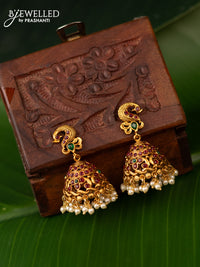 Antique jhumka peacock design with kemp stone and pearl hangings