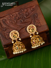 Antique jhumka peacock design with kemp & cz stone and pearl hangings