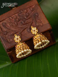 Antique jhumka with pink kemp & cz stone and pearl hangings