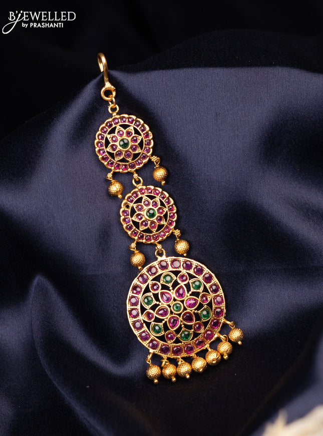 Antique maang tikka with kemp stones and gold beads hangings
