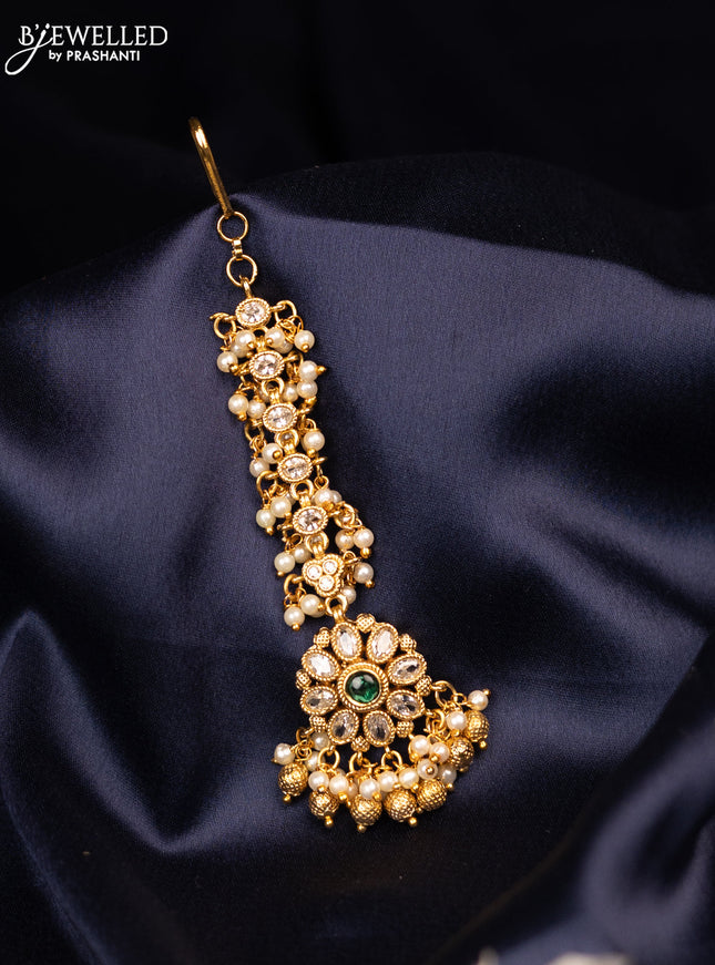 Antique maang tikka with emerald & cz stones and gold beads hangings