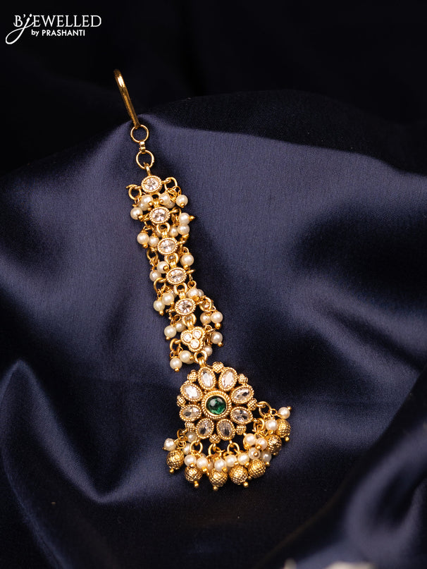 Antique maang tikka with emerald & cz stones and gold beads hangings