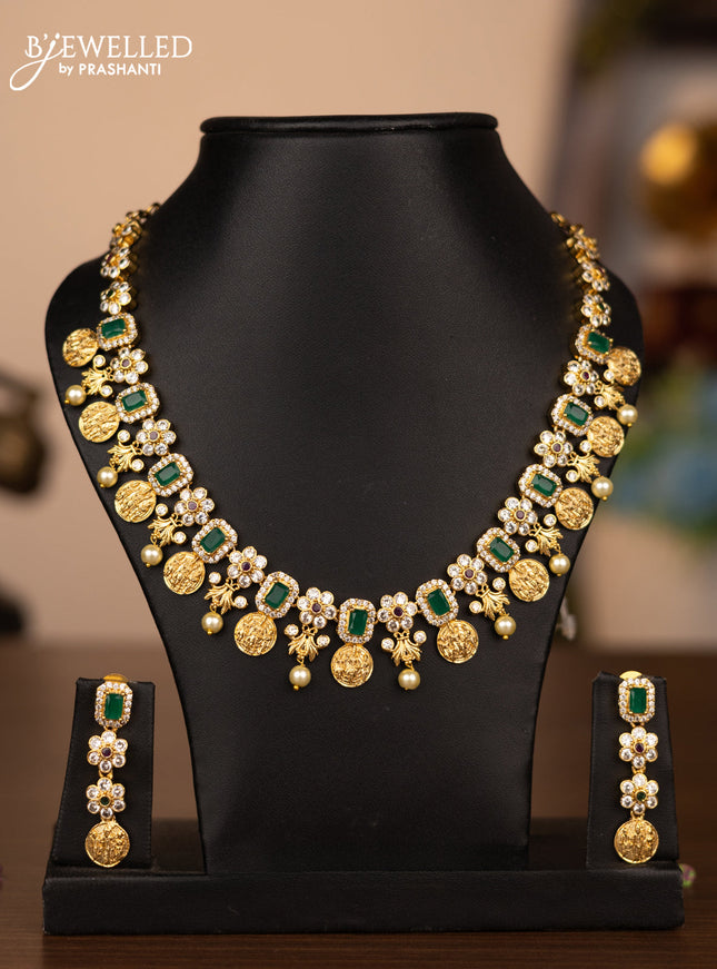 Antique necklace ramdarbar design with kemp & cz stones and pearl hangings