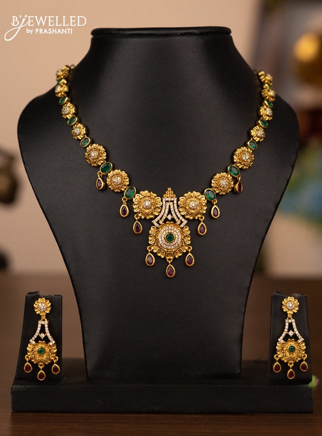 Antique necklace floral design with kemp and cz stones