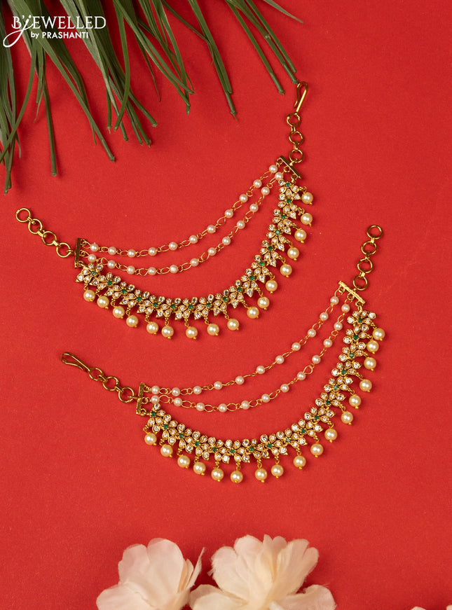 Antique triple layer mattal with green kemp & cz stones and pearl hangings