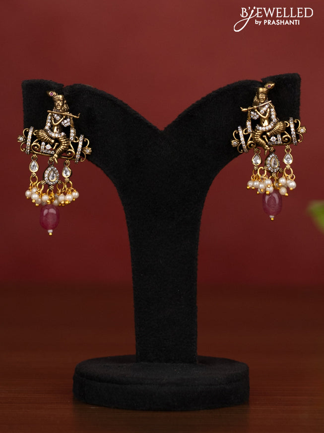 Beaded pink necklace krishna pendant with kemp & cz stones and pearl hangings