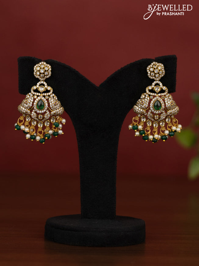 Beaded triple layer green necklace with kemp & cz stones and pearl hangings