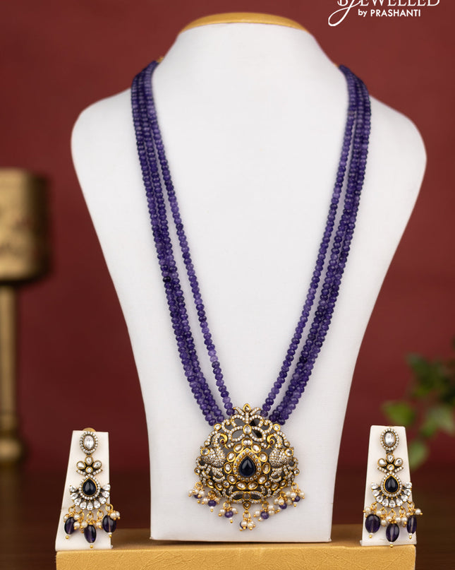 Beaded triple layer violet necklace swan design with saphire & cz stones and pearl hangings