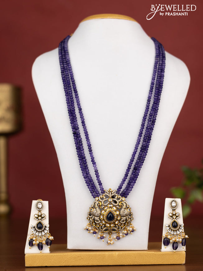 Beaded triple layer violet necklace swan design with saphire & cz stones and pearl hangings