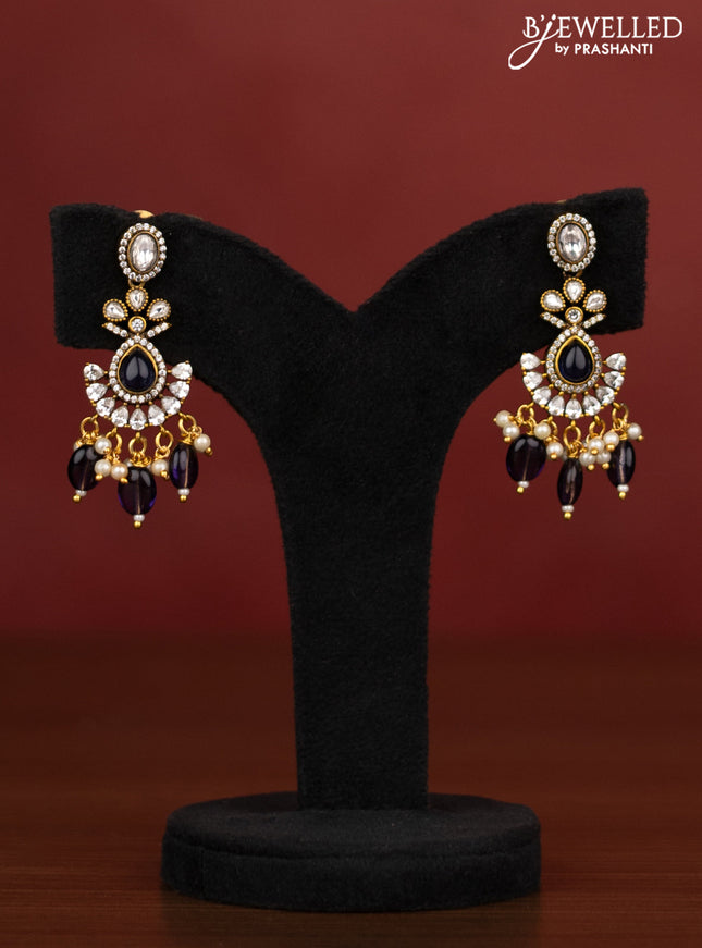 Beaded triple layer violet necklace swan design with saphire & cz stones and pearl hangings