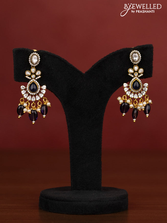 Beaded triple layer violet necklace swan design with saphire & cz stones and pearl hangings