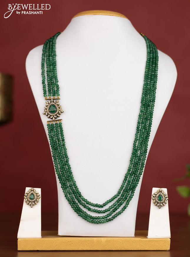 Beaded multilayer green necklace side pendant with emerald & cz stones