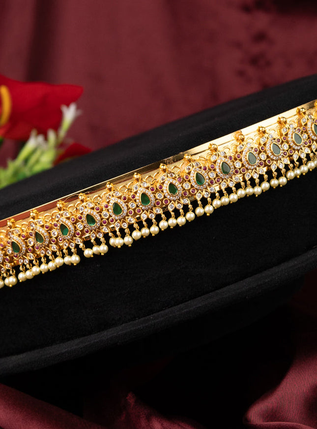 Antique self embosse hip belt with kemp & cz stones and pearl hangings