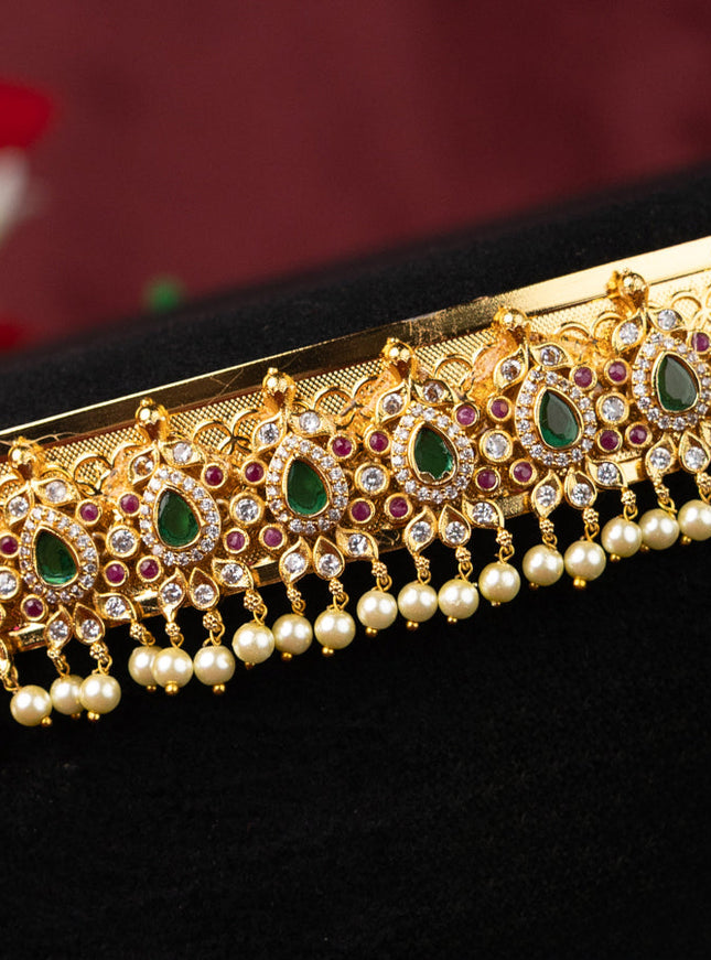 Antique self embosse hip belt with kemp & cz stones and pearl hangings