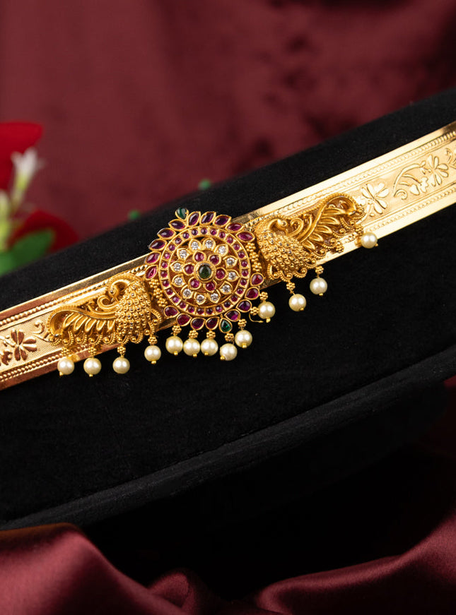 Antique self embosse hip belt peacock design with kemp & cz stones and pearl hangings