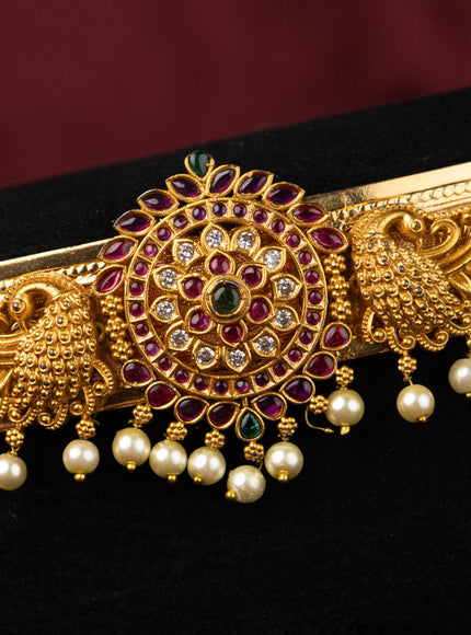 Antique self embosse hip belt peacock design with kemp & cz stones and pearl hangings