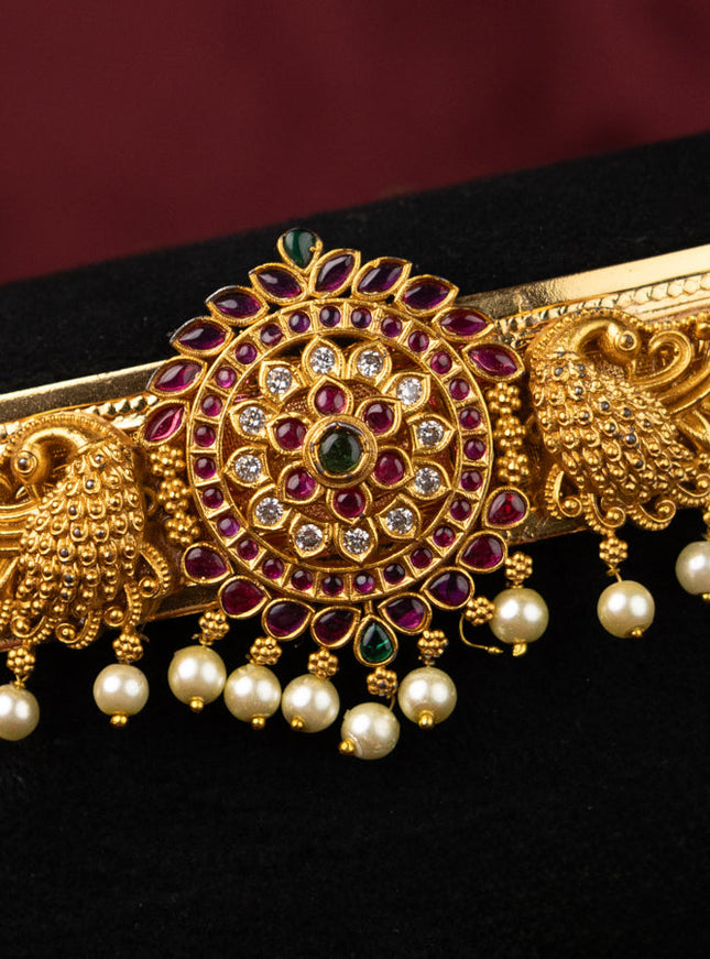 Antique self embosse hip belt peacock design with kemp & cz stones and pearl hangings