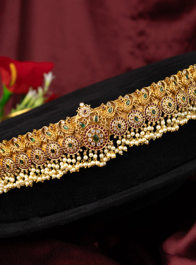 Antique self embosse hip belt peacock design with kemp & cz stones and pearl hangings
