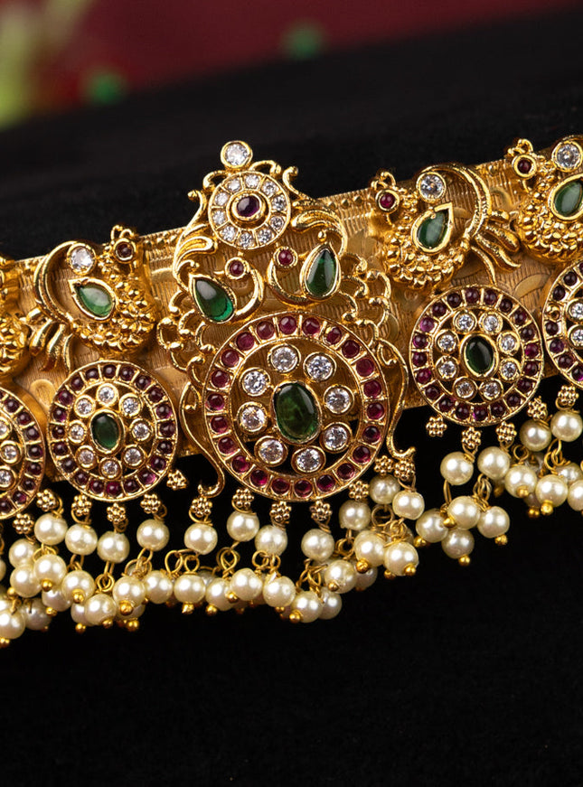 Antique self embosse hip belt peacock design with kemp & cz stones and pearl hangings