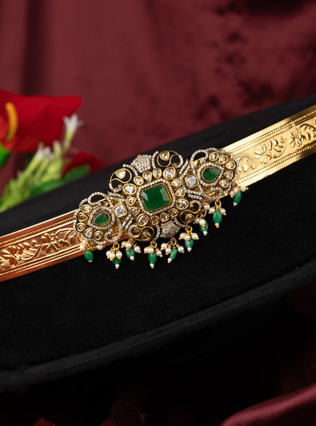 Antique self embosse hip belt with green kemp & cz stones and pearl & beads hanging