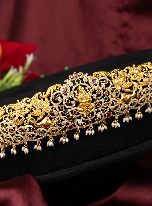 Antique self embosse hip belt lakshmi design with kemp & cz stones and pearl hangings