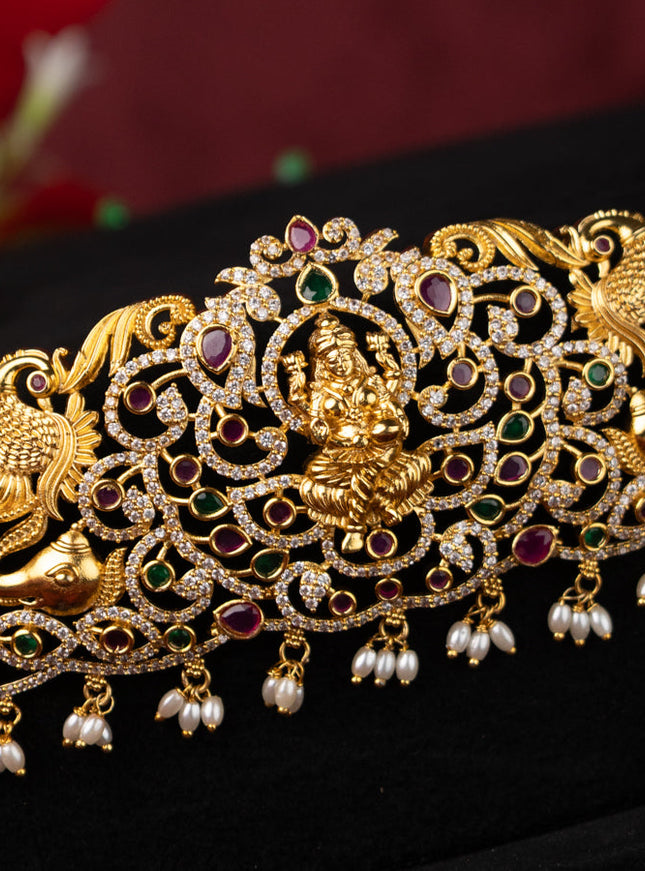 Antique self embosse hip belt lakshmi design with kemp & cz stones and pearl hangings