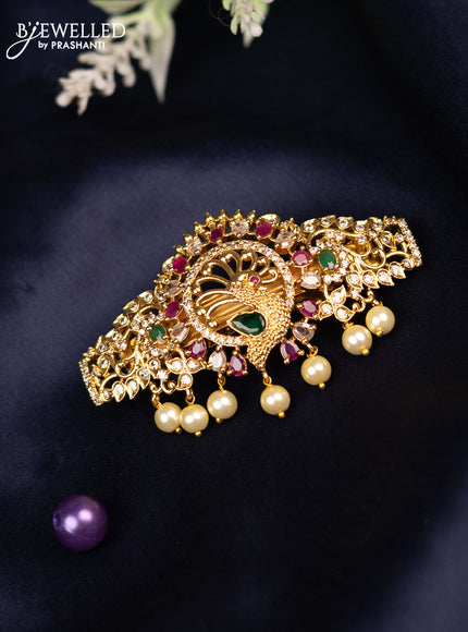 Antique hair clip peacock design with kemp & cz stones and pearl hangings