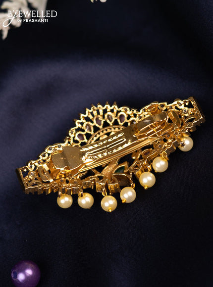 Antique hair clip peacock design with kemp & cz stones and pearl hangings
