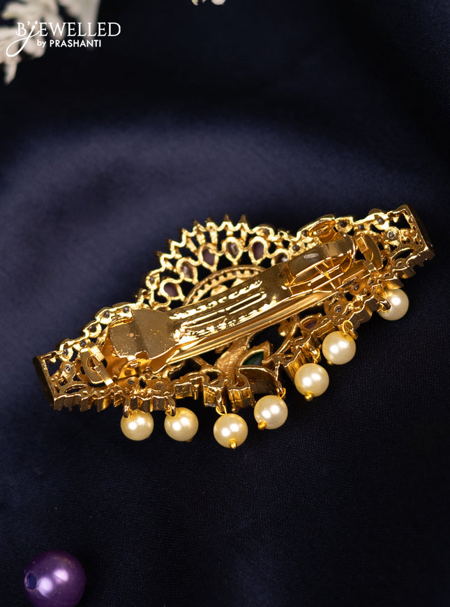 Antique hair clip peacock design with kemp & cz stones and pearl hangings