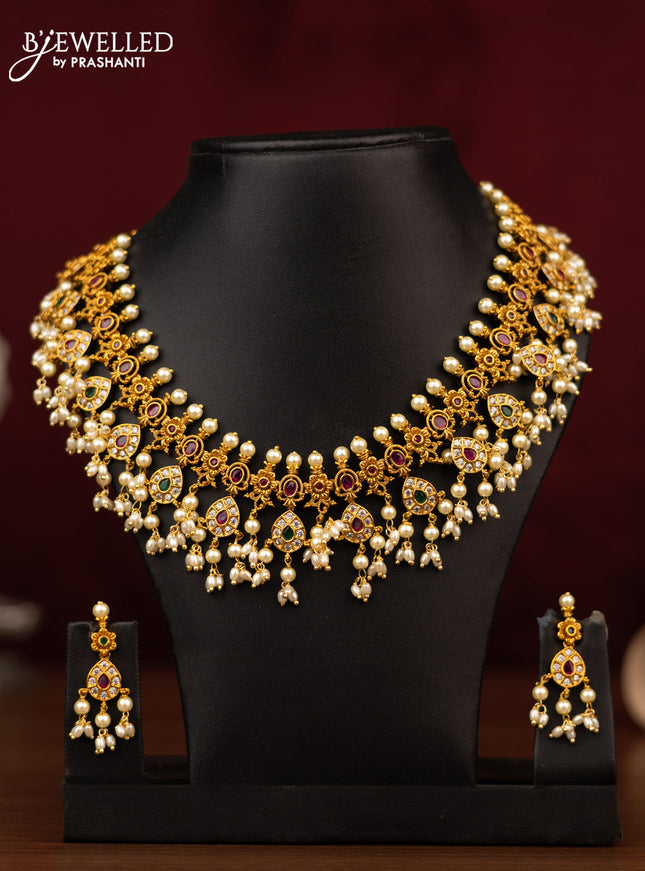 Antique guttapusalu necklace with kemp & cz stones and pearl hangings