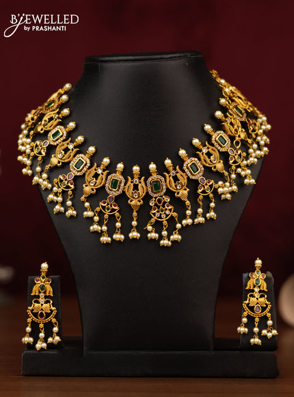 Antique guttapusalu necklace with kemp & cz stones and pearl hangings