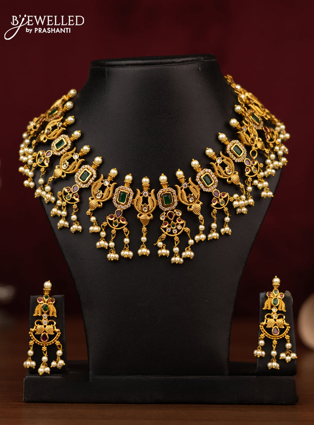 Antique guttapusalu necklace with kemp & cz stones and pearl hangings