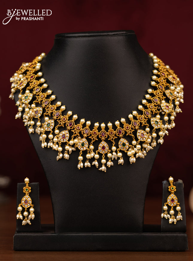 Antique guttapusalu necklace with kemp & cz stones and pearl hangings