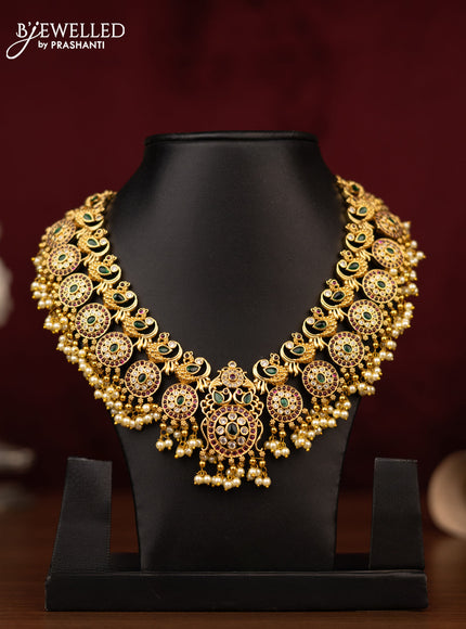 Antique guttapusalu necklace peacock design with kemp & cz stones and pearl hangings without earrings