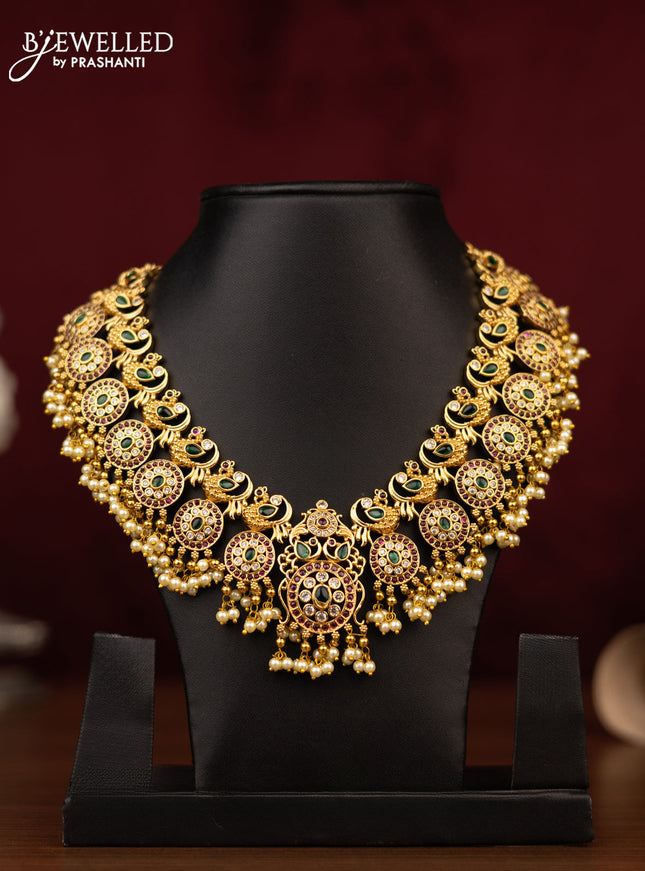 Antique guttapusalu necklace peacock design with kemp & cz stones and pearl hangings without earrings