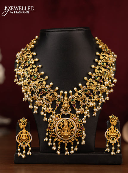 Antique guttapusalu necklace lakshmi pendant with kemp & cz stones and pearl hangings