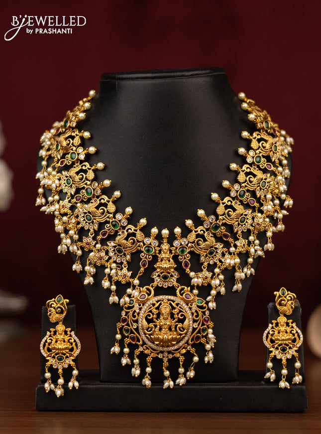 Antique guttapusalu necklace lakshmi pendant with kemp & cz stones and pearl hangings
