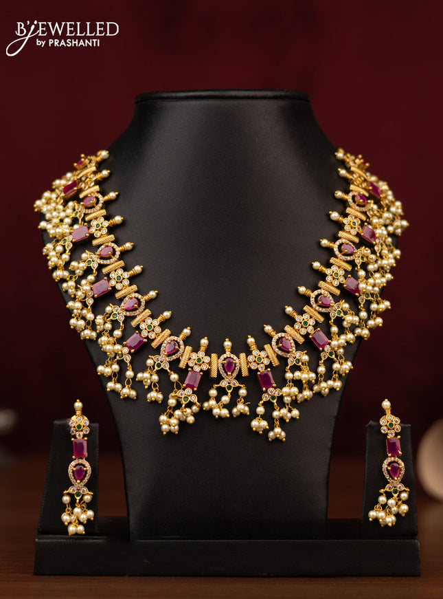 Antique guttapusalu necklace with kemp & cz stones and pearl hangings