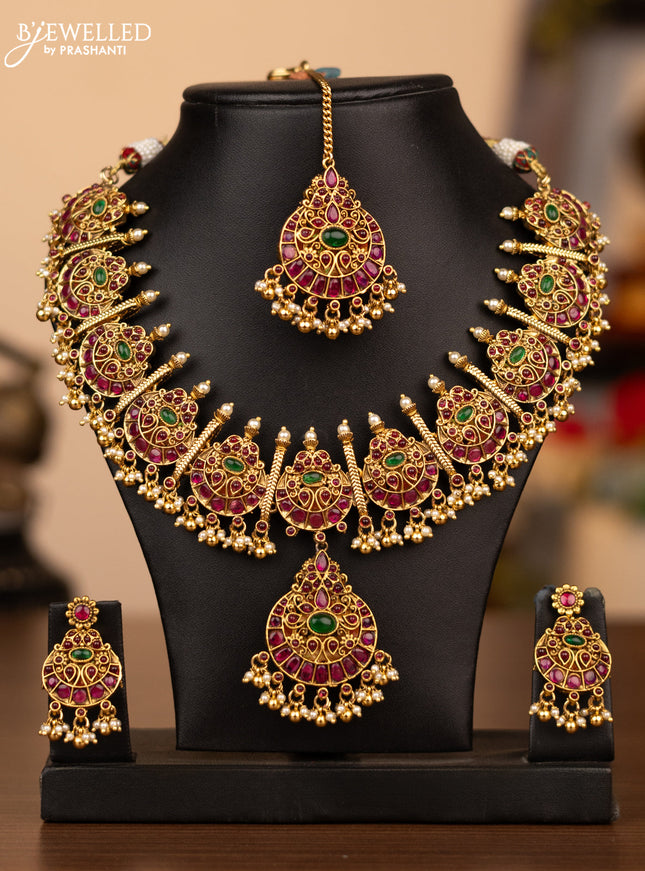 Antique reversible necklace lakshmi & chandbali pendant with kemp stones and pearl & golden beads hanging