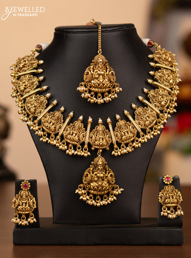 Antique reversible necklace lakshmi & chandbali pendant with kemp stones and pearl & golden beads hanging