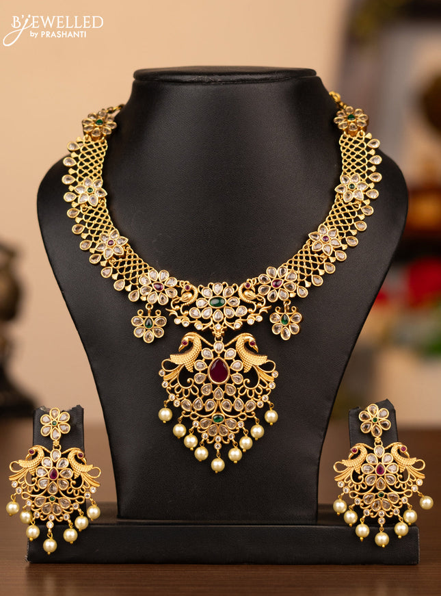 Antique necklace peacock design with kemp & cz stones and pearl hangings