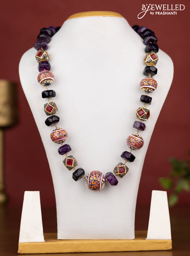 Jaipur violet beaded necklace with minakari balls without earrings