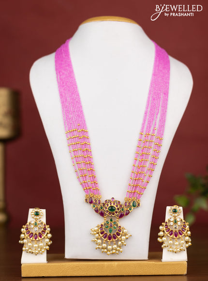 Jaipur crystal beaded multilayer chandbali pendant with kemp stone necklace and peral hangings