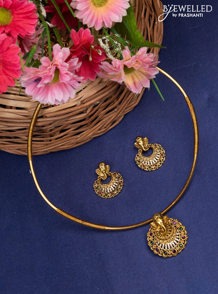 Antique ring type choker ganesha pendant with kemp and cz stone