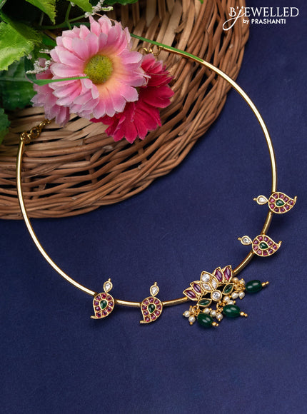 Antique ring type choker floral pendant with kemp & cz stone and pearl hangings without earrings