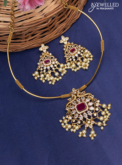 Antique ring type choker with pink kemp & cz stone and pearl hangings