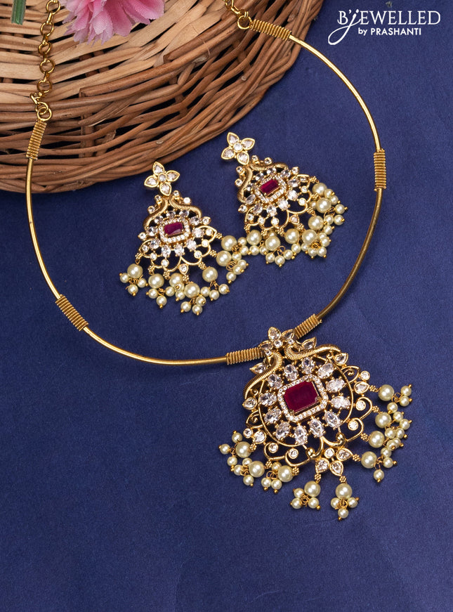 Antique ring type choker with pink kemp & cz stone and pearl hangings