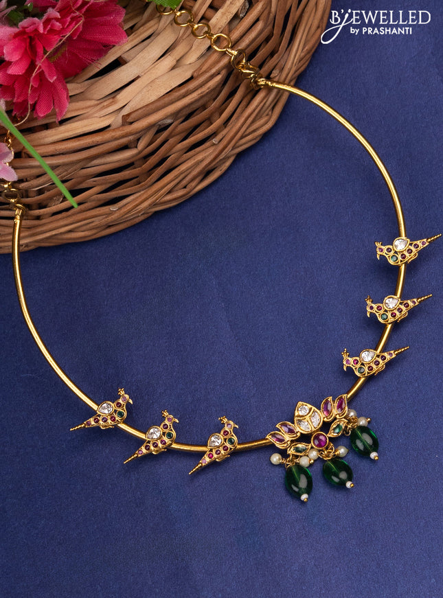 Antique ring type choker floral pendant with kemp & cz stone and pearl hangings without earrings