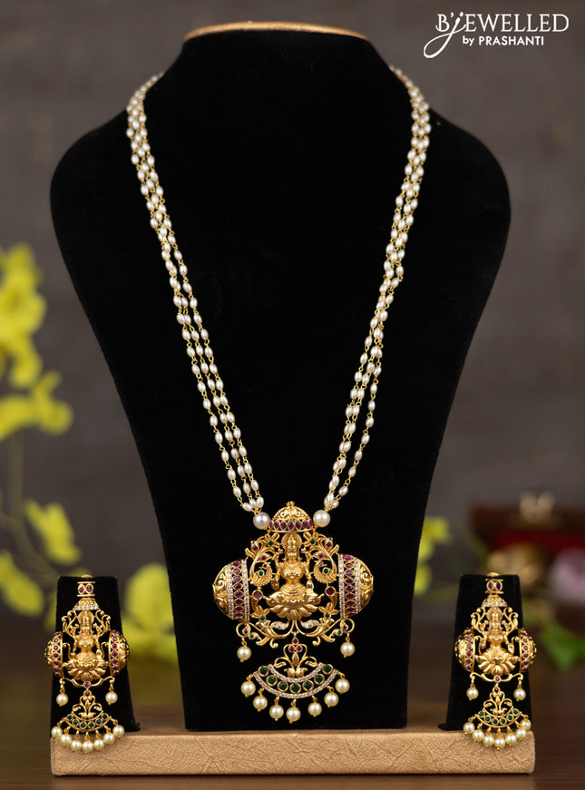 Pearl haaram lakshmi pendant with kemp & cz stones and pearl hangings
